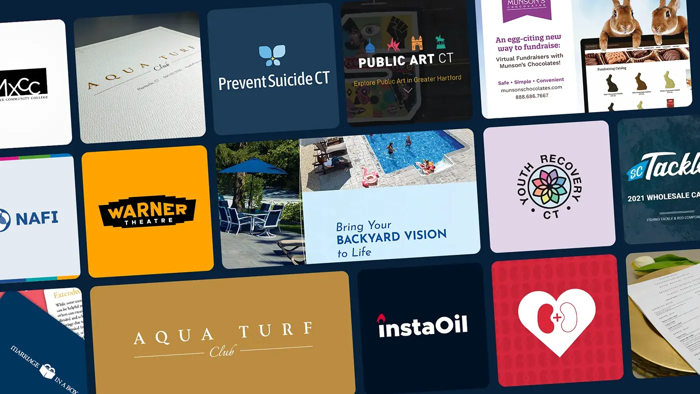 Tiled image portraying creative strategy showing a combination of logos and website screen shots.