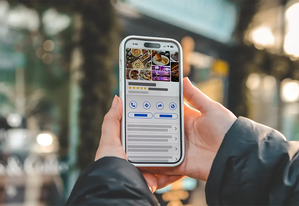 Person viewing an online local business listing on their smart phone.