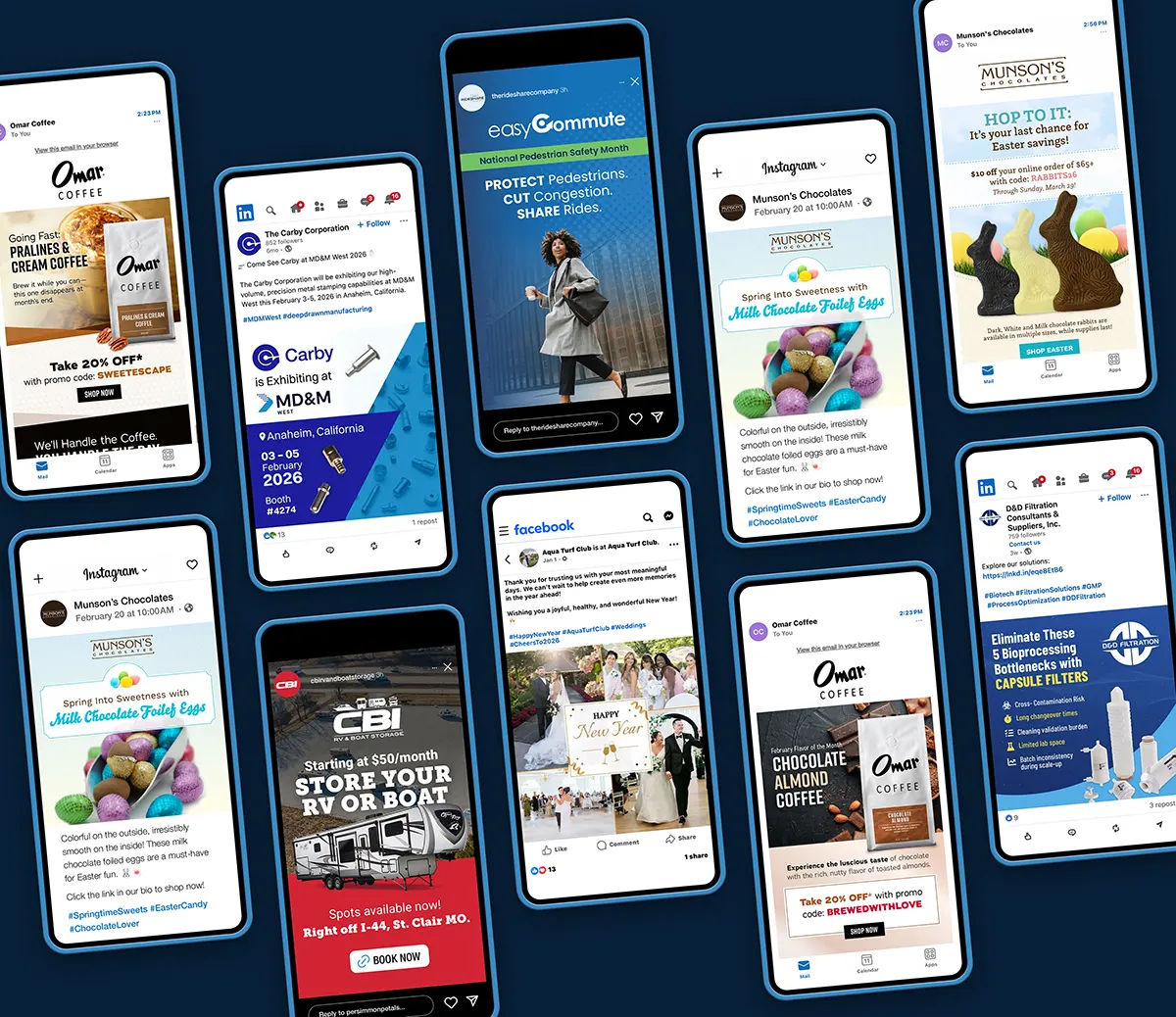 Smartphones displaying multichannel marketing campaigns including email and social media.