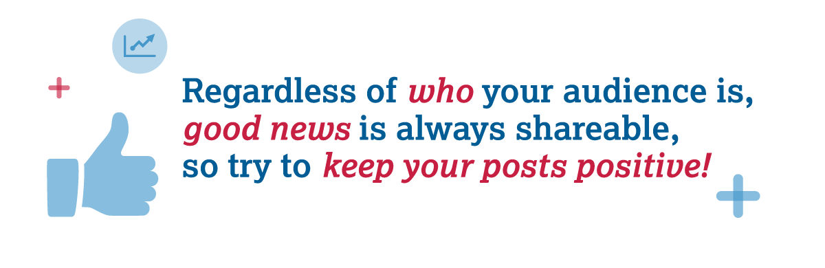 Regardless of who your audience is, good news is always shareable,  so try to keep your posts positive!