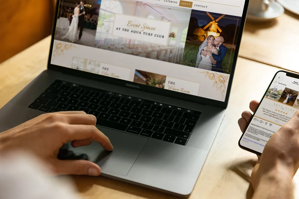 Person navigating a businesses website on their laptop and mobile device representing their experience with the brand.