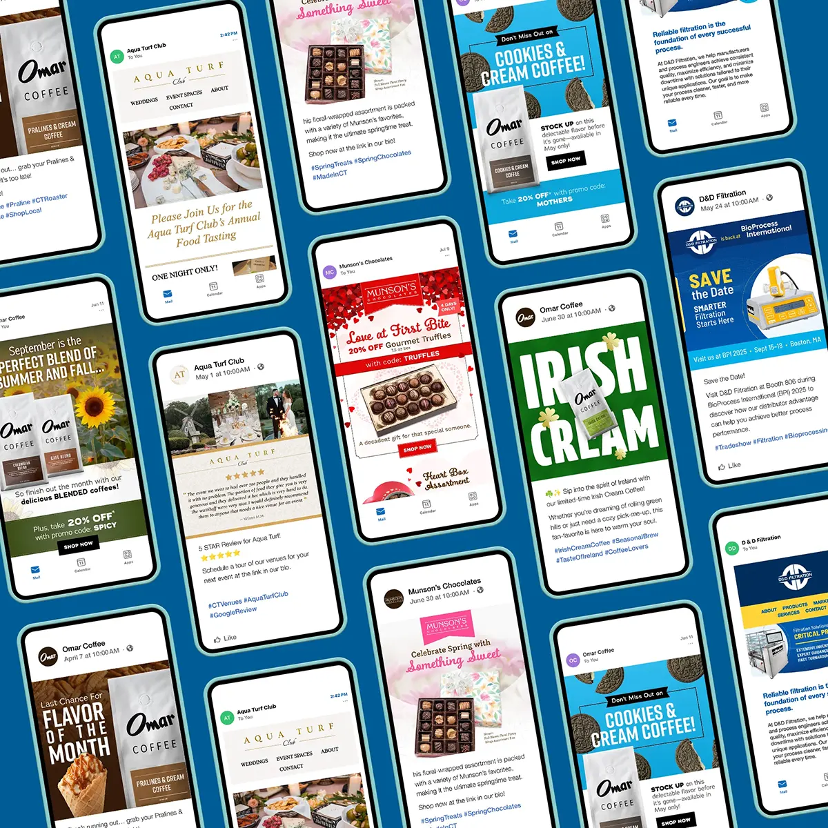 Smartphones displaying social and email marketing content distribution.