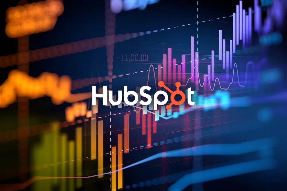 Marketing automation platform HubSpot logo on a graphic showing charts.