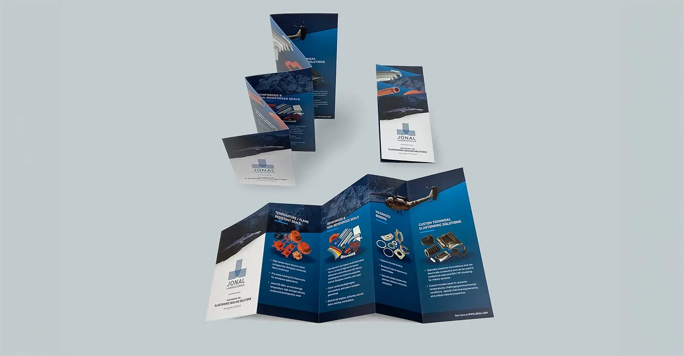 Bifold brochure portraying marketing collateral graphic design capabilities.