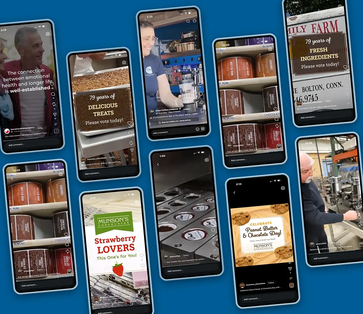 Video stills showing examples of social media video production.