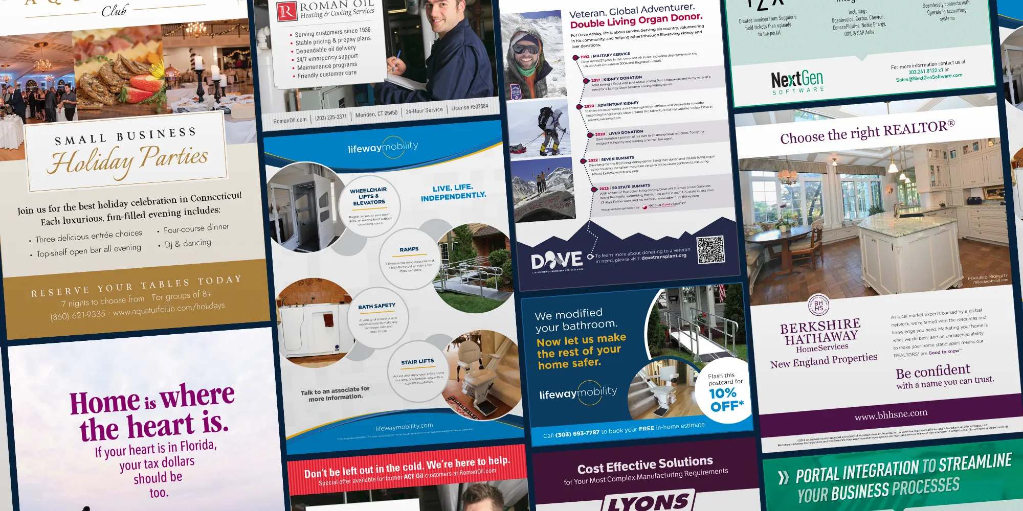 Examples of graphic design for print ads and direct mail.