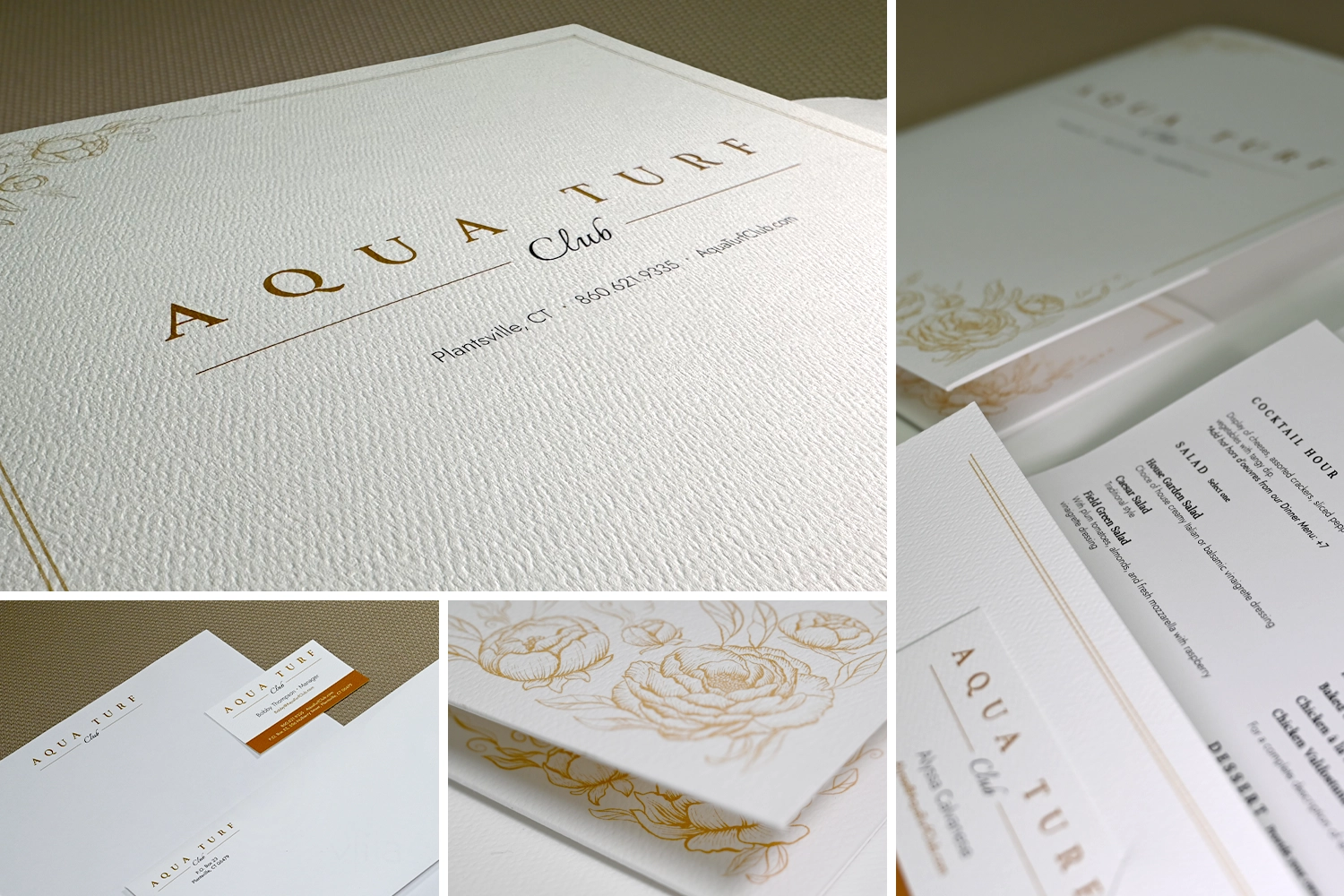 Stationery designed by Exposure for the AquaTurf Club of Connecticut including business cards, letterhead and menus.