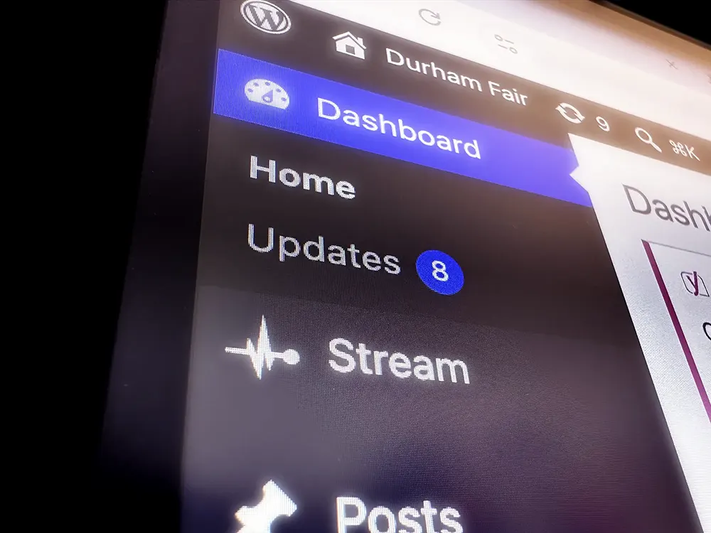 Screenshot of a WordPress website editor displaying updates needed.