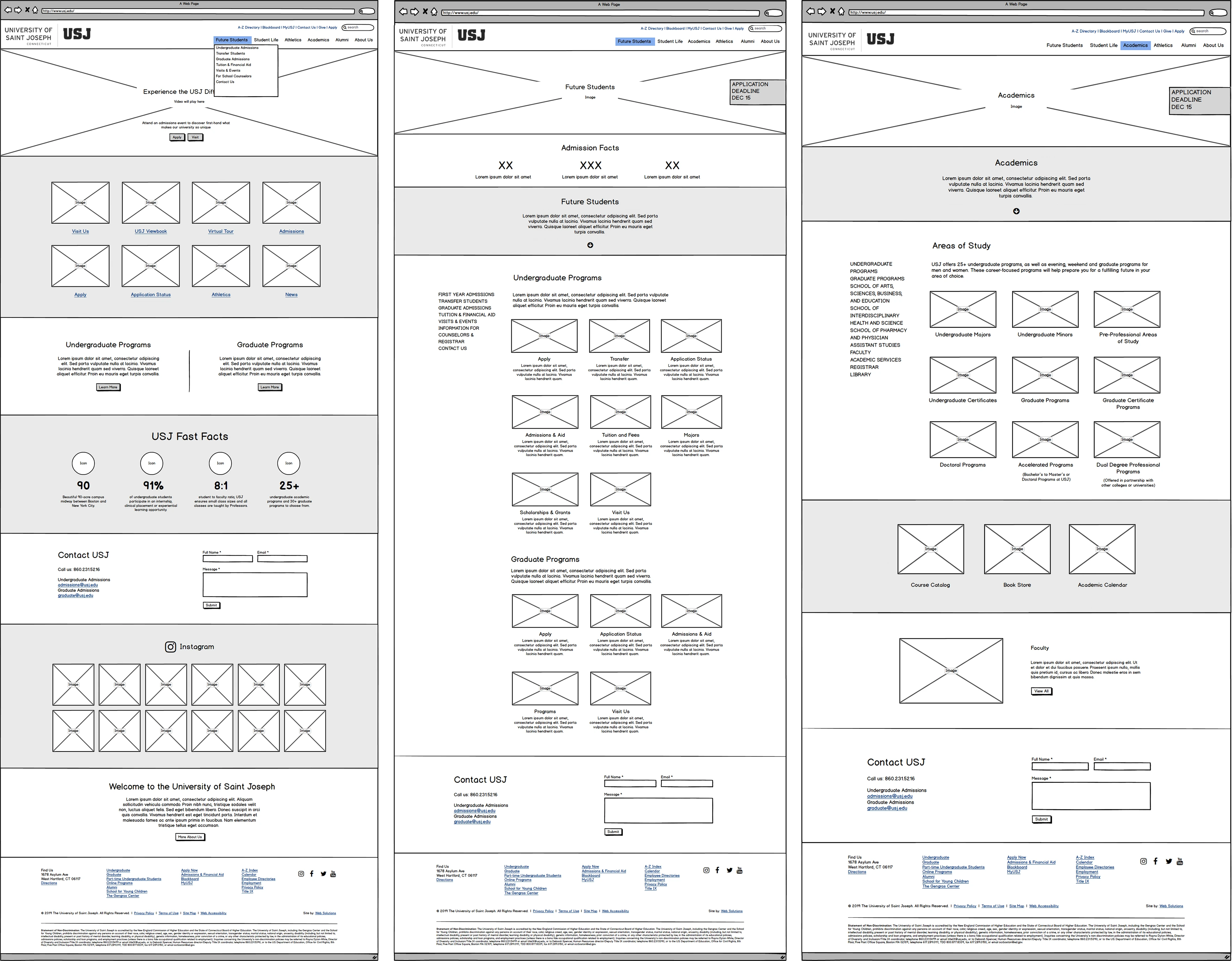 University of Saint Joseph Wireframes